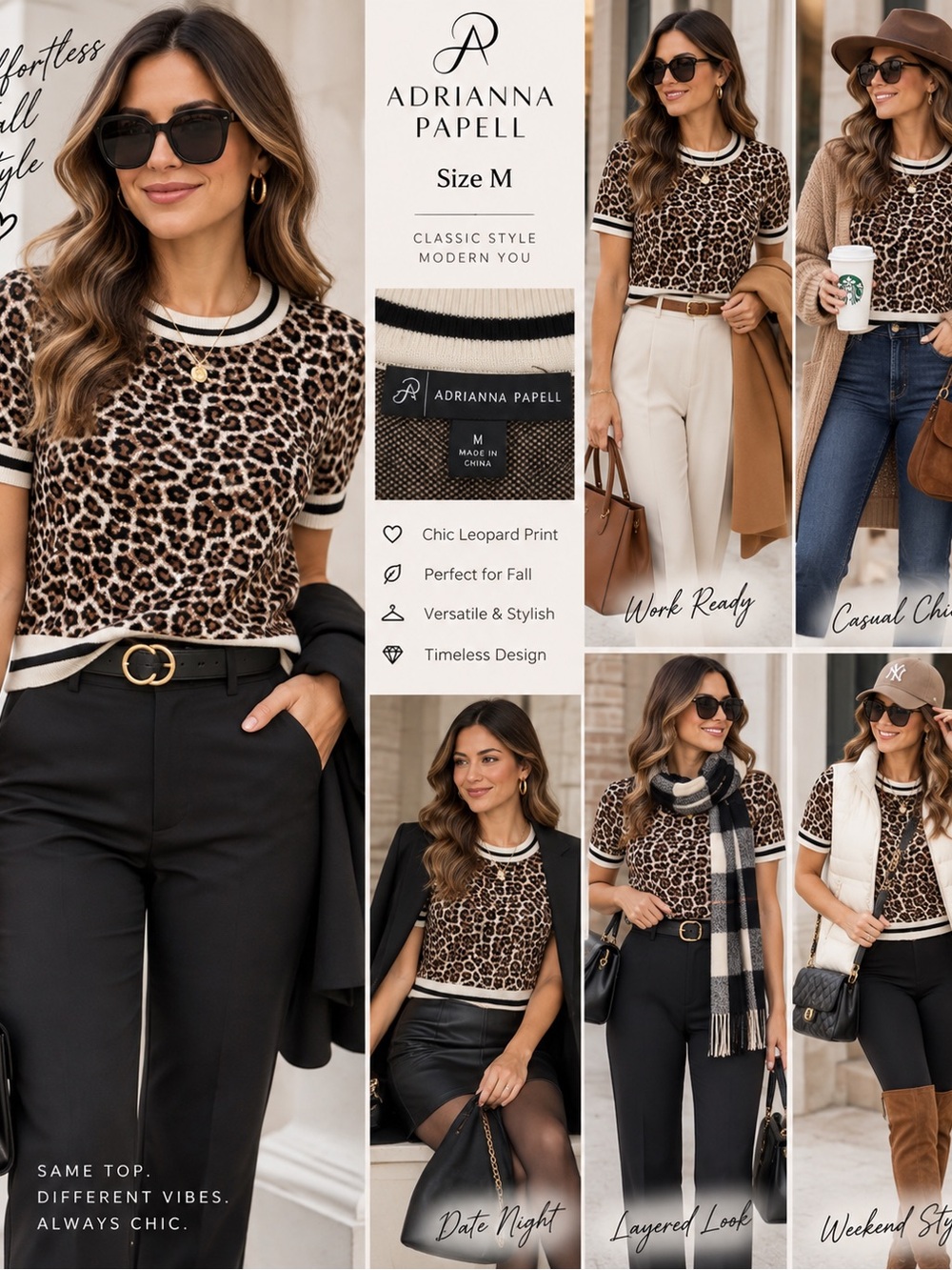 Adrianna Papell Leopard Print Short Sleeve Sweart Medium